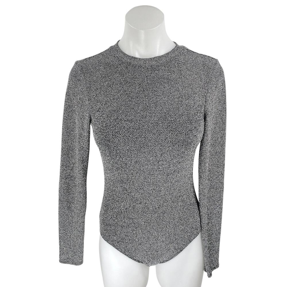 H&M Silver Metallic Long Sleeve Open Back Cutout Crew Neck Bodysuit Top Size S